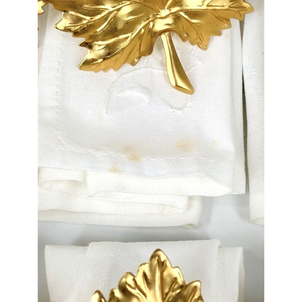 Gold Tone Metal Maple Leaf Napkin Rings 12 Pc Fall Autumn w/ Embroidered Linens